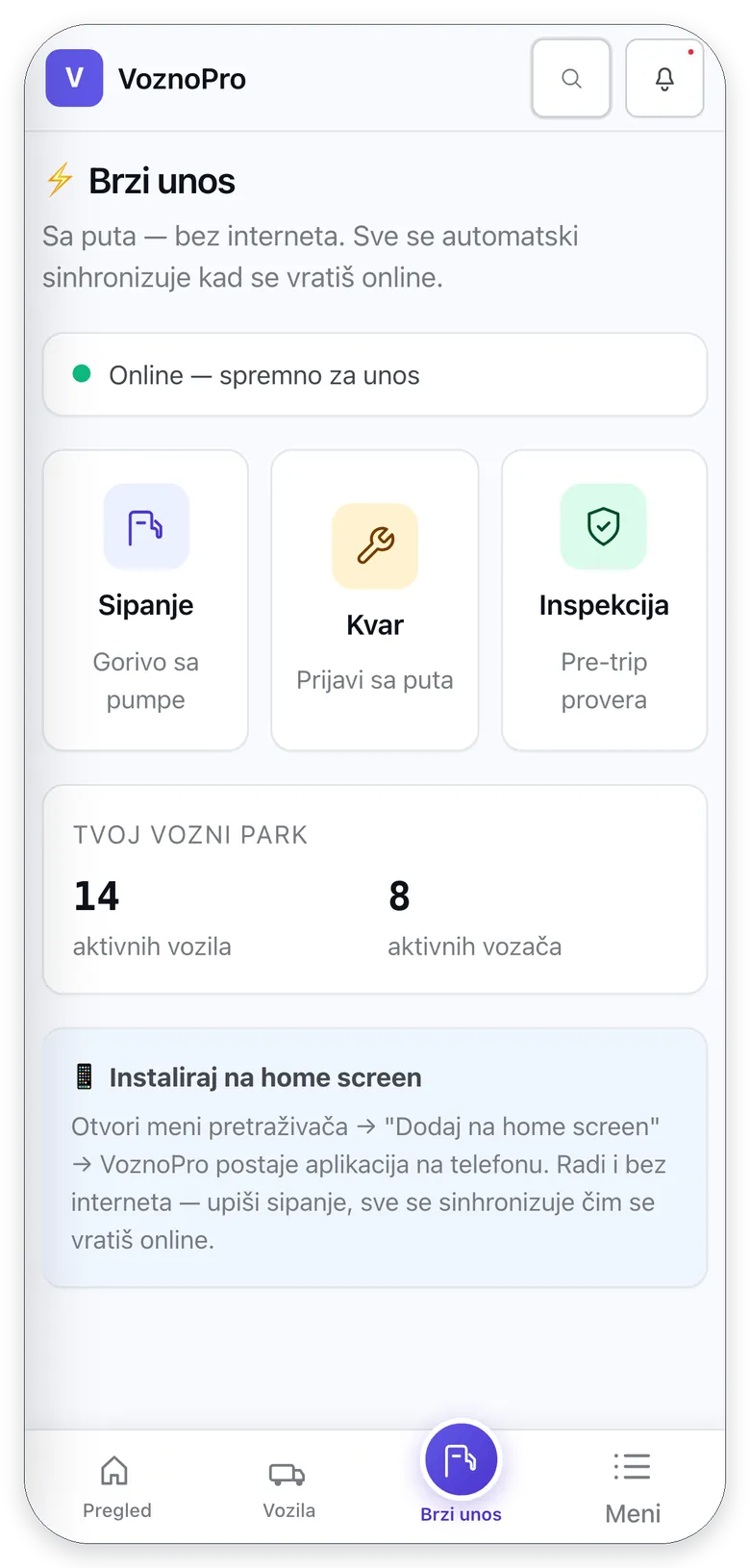 Brzi unos na telefonu: sipanje goriva, prijava kvara i provera vozila