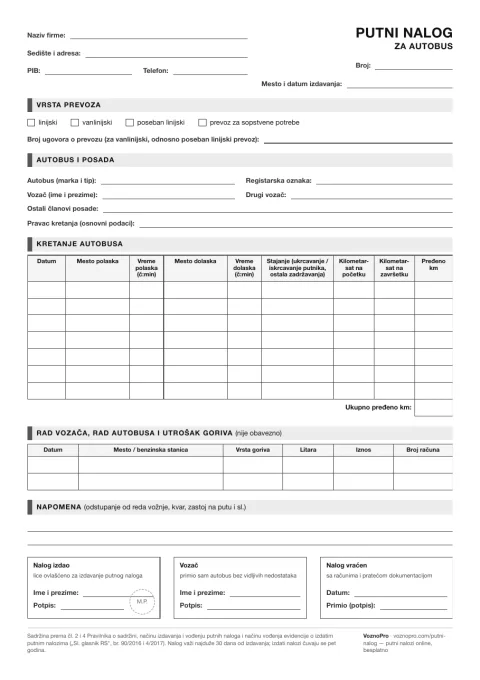 Putni nalog za autobus — obrazac